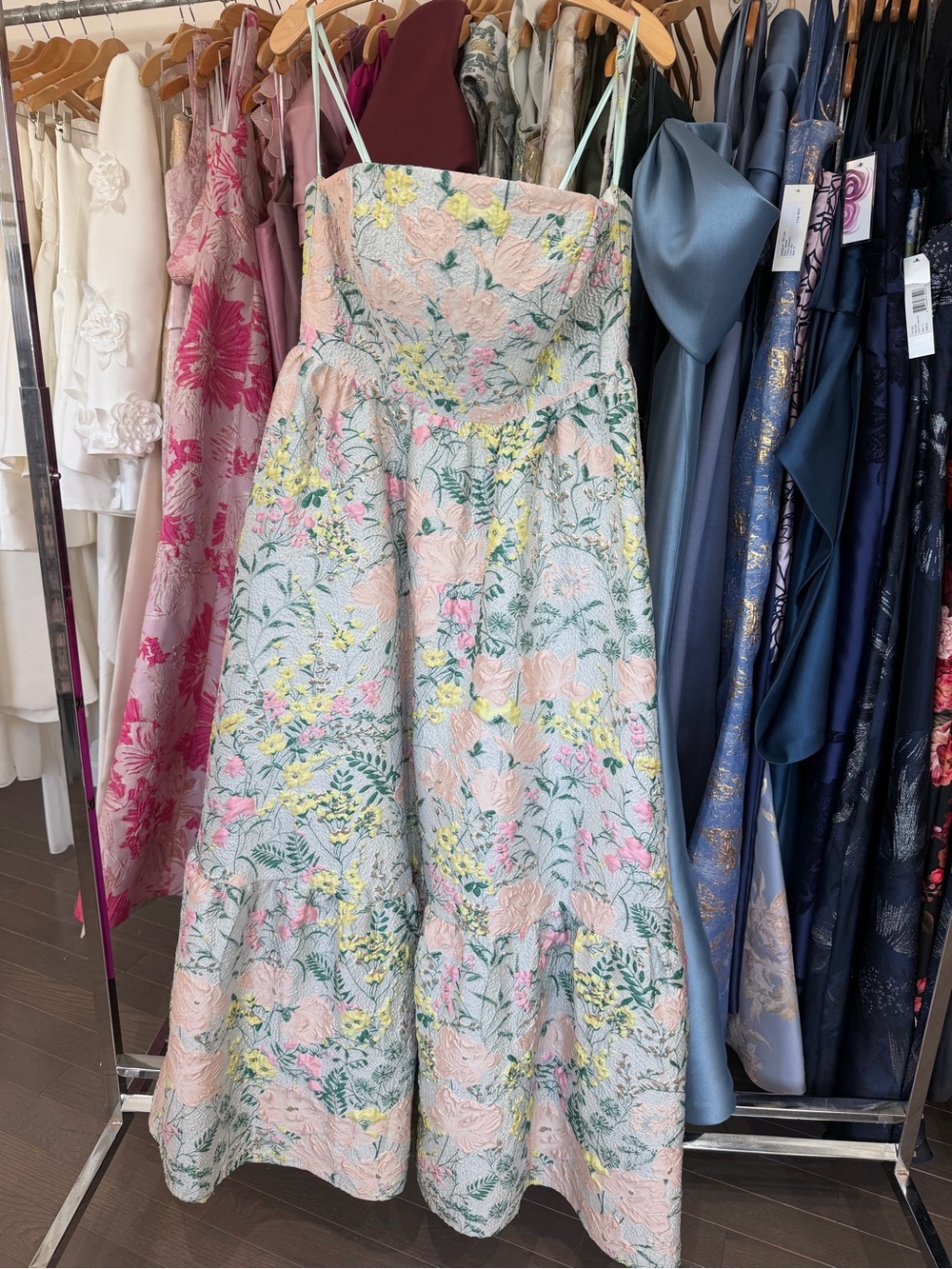 Mac Duggal Pastel Floral Brocade Strapless Jumpsuit